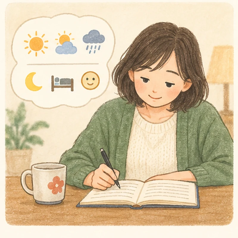 天気や睡眠とその日の体調をノートに記録する人のイラスト
