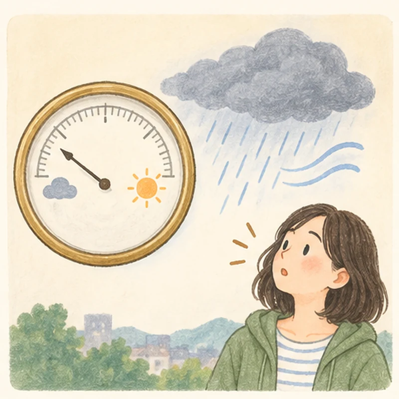 気圧計と雨雲を見ながら天気の変化に気づく人のイラスト
