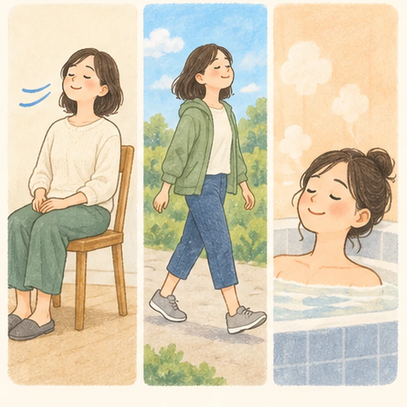 ゆっくり呼吸する、軽く歩く、ぬるめのお風呂に入るという三つの過ごし方のイラスト
