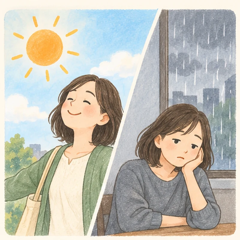 晴れの日と雨の日で体調の違いを感じる様子のイラスト